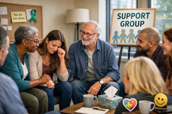 A diverse support group gathered together, sharing and connecting in a warm, welcoming environment